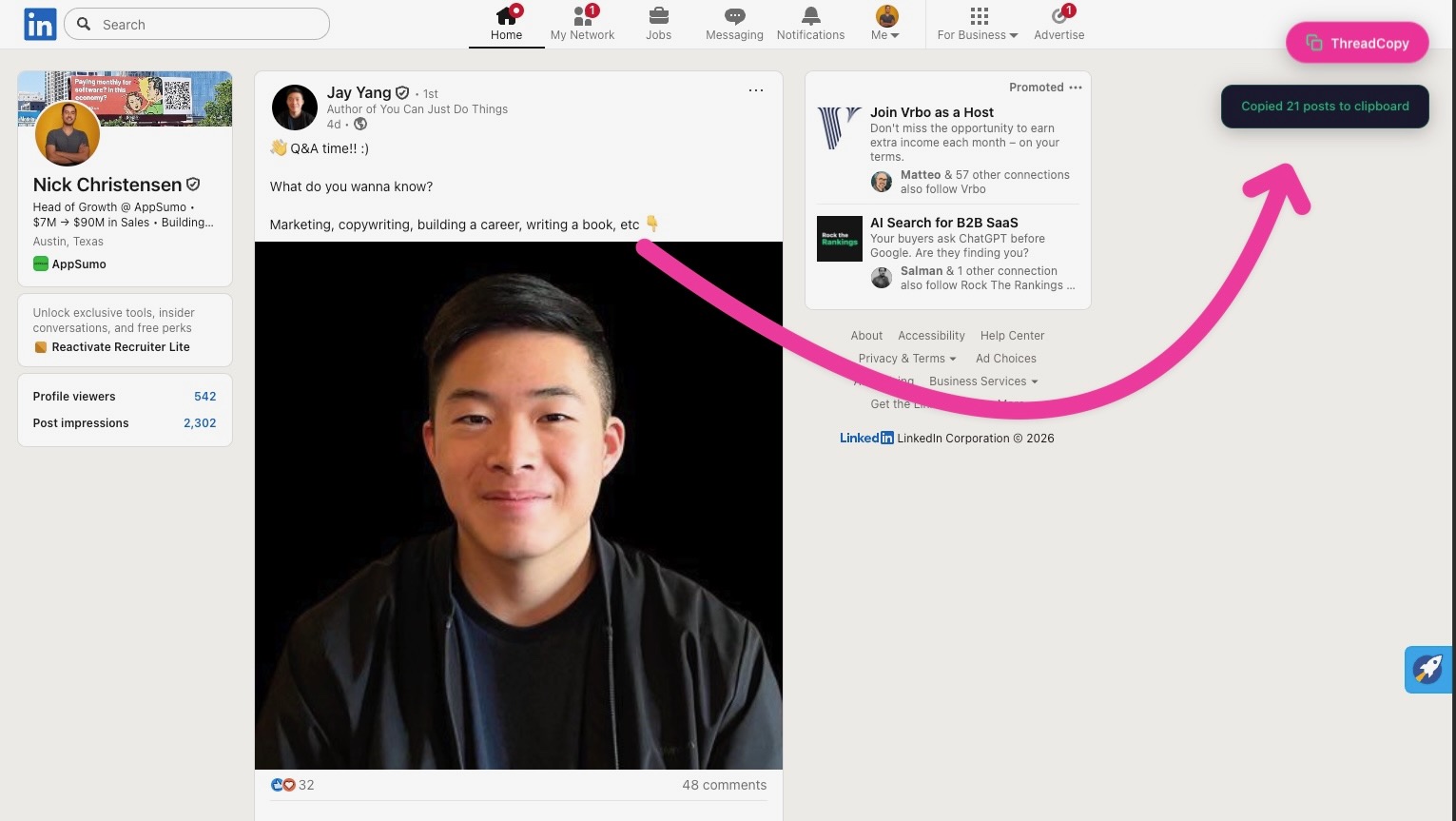 ThreadCopy working on LinkedIn